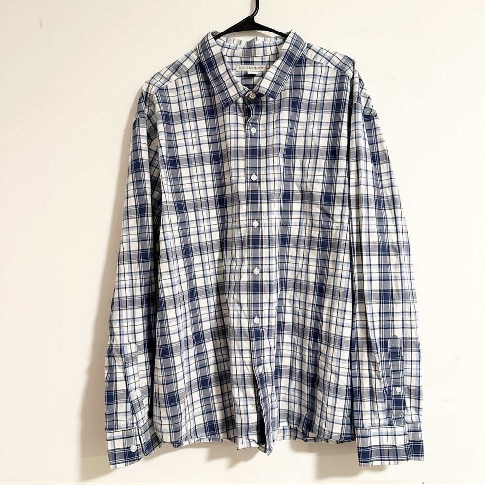 Southern Proper Men's 3XL Blue Plaid Cotton Stretch Long Sleeve Button Down